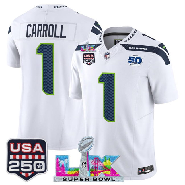 Men's Seattle Seahawks #1 Pete Carroll White 2025 F.U.S.E. Super Bowl LX Patch And 50th Season & USA 250' Patch Vapor Limited Football Stitched Jersey